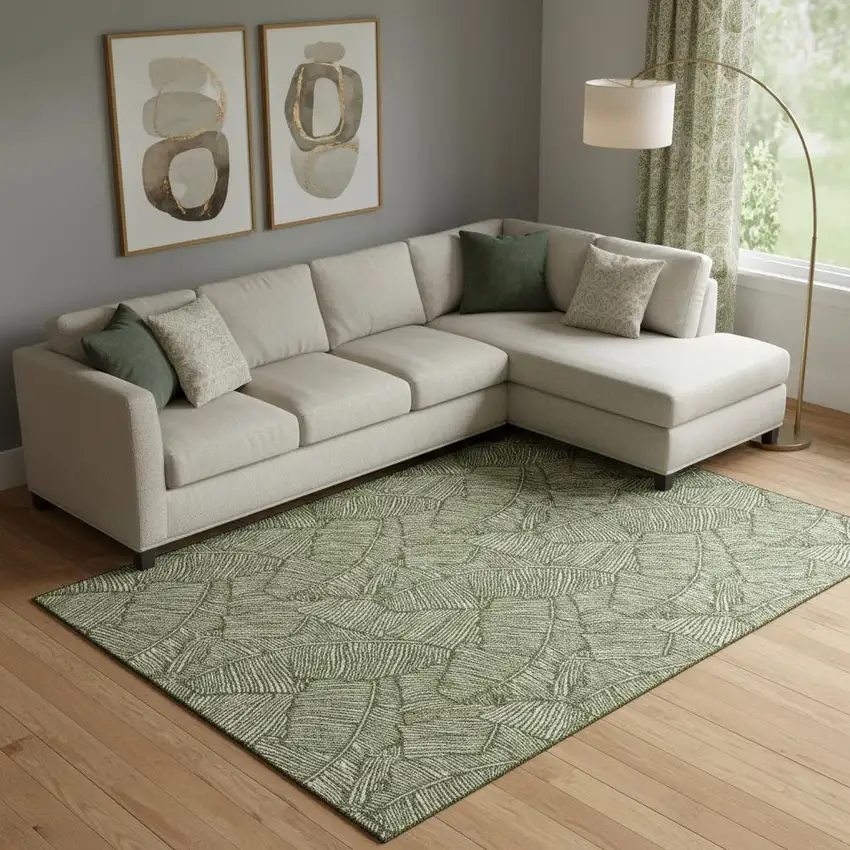 Olive Green And Ivory Floral Washable Area Rug With UV Protection Photo 1
