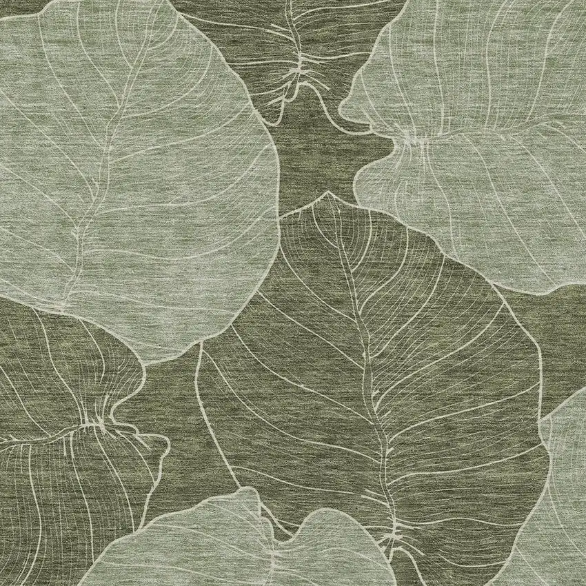 Olive Green And Ivory Floral Washable Indoor Outdoor Area Rug Photo 2