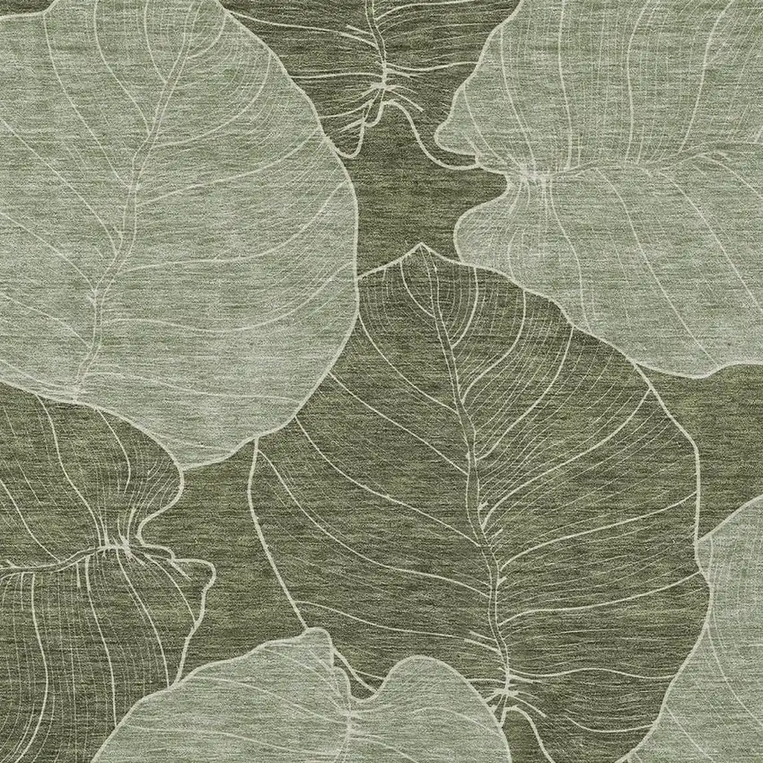 Olive Green And Ivory Floral Washable Indoor Outdoor Area Rug Photo 2