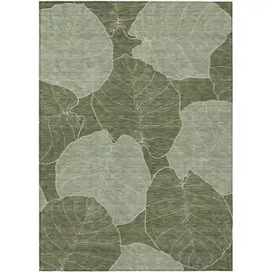 Photo of Olive Green And Ivory Floral Washable Indoor Outdoor Area Rug
