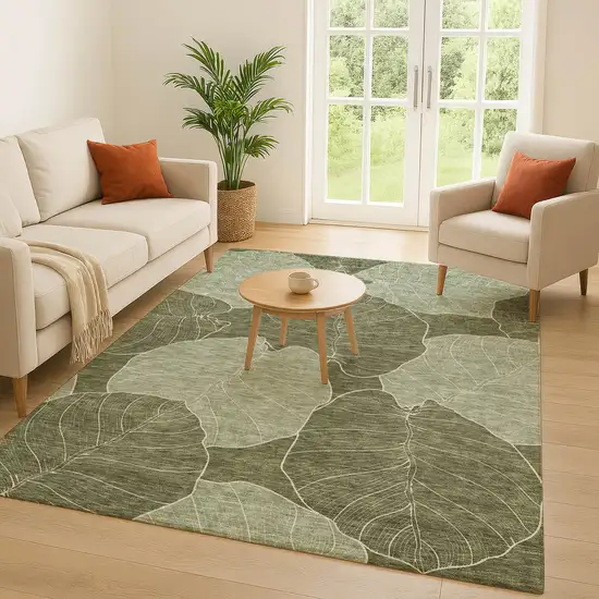 Olive Green And Ivory Floral Washable Indoor Outdoor Area Rug Photo 5