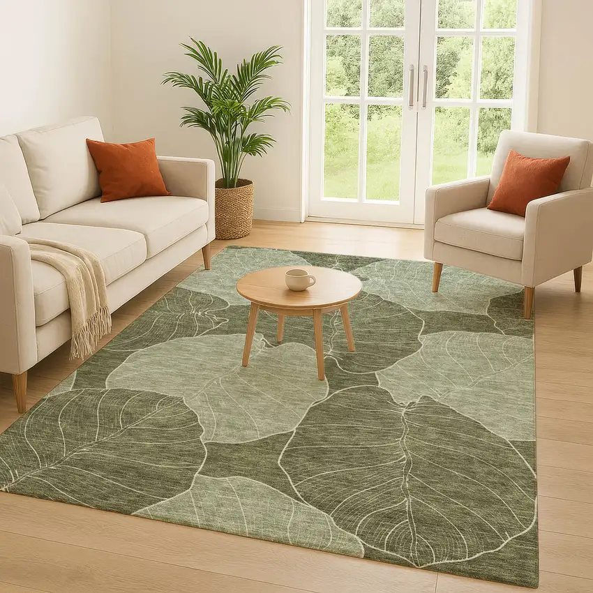 Olive Green And Ivory Floral Washable Indoor Outdoor Area Rug Photo 5