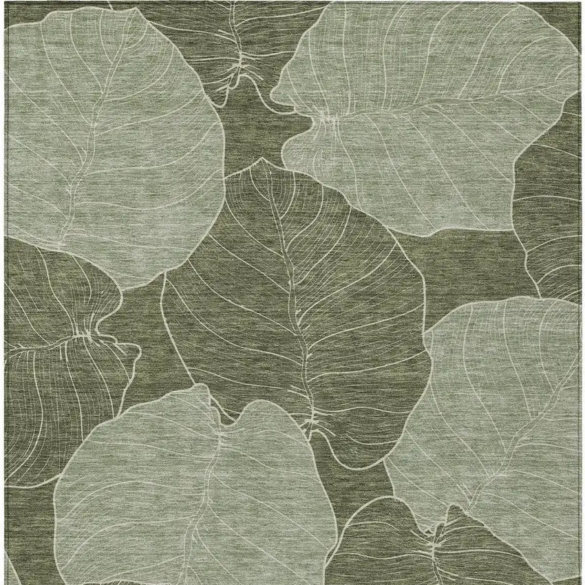 Olive Green And Ivory Floral Washable Indoor Outdoor Area Rug Photo 3