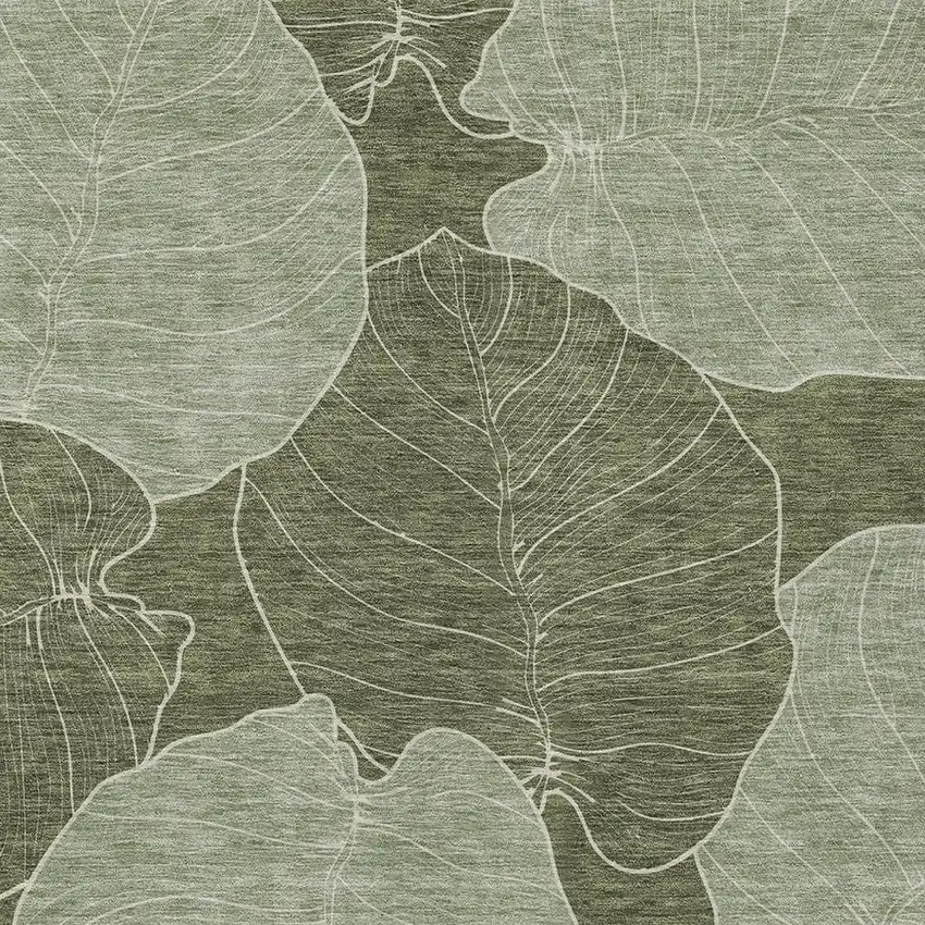 Olive Green And Ivory Floral Washable Indoor Outdoor Area Rug Photo 2