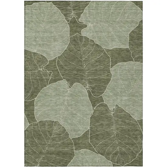 Olive Green And Ivory Floral Washable Indoor Outdoor Area Rug Photo 1