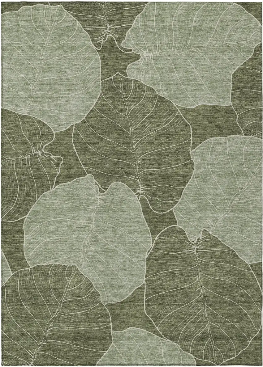 Olive Green And Ivory Floral Washable Indoor Outdoor Area Rug Photo 1