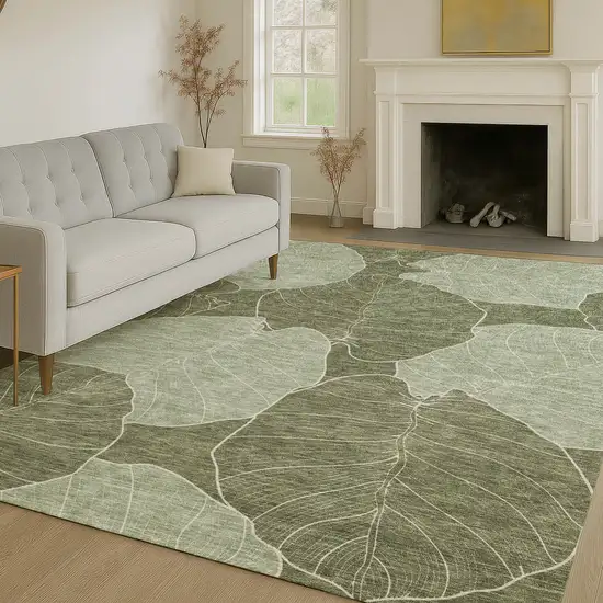 Olive Green And Ivory Floral Washable Indoor Outdoor Area Rug Photo 6