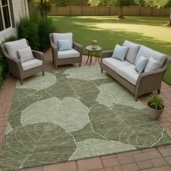 Olive Green And Ivory Floral Washable Indoor Outdoor Area Rug Photo 4