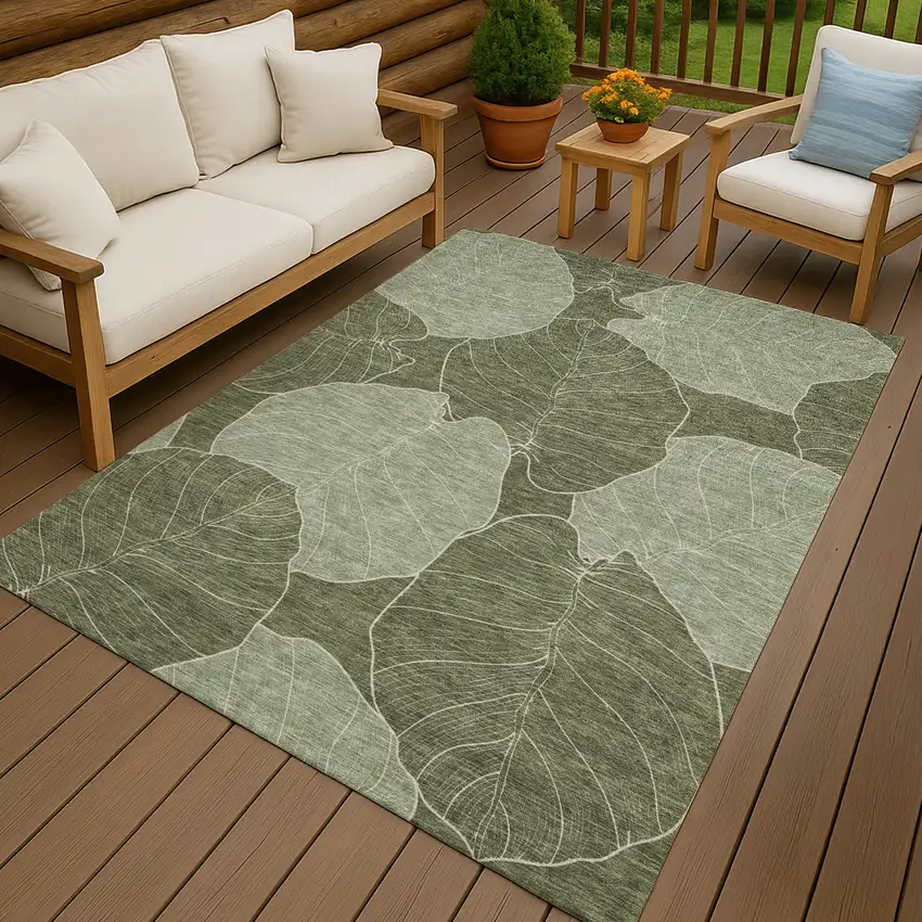 Olive Green And Ivory Floral Washable Indoor Outdoor Area Rug Photo 7