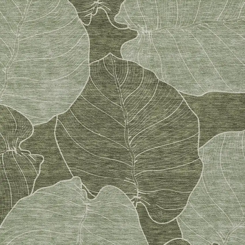 Olive Green And Ivory Floral Washable Indoor Outdoor Area Rug Photo 2