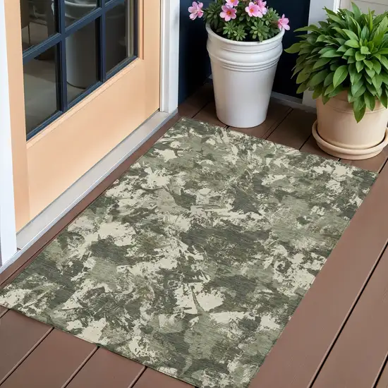Olive Green And Ivory Floral Washable Indoor Outdoor Area Rug Photo 1