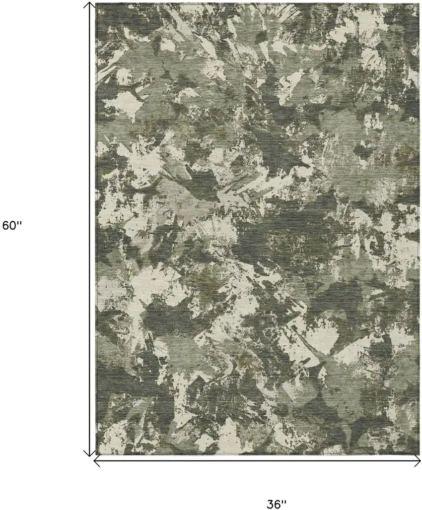 Olive Green And Ivory Floral Washable Indoor Outdoor Area Rug Photo 3
