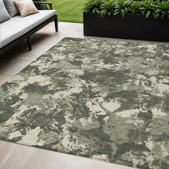 Olive Green And Ivory Floral Washable Indoor Outdoor Area Rug Photo 1