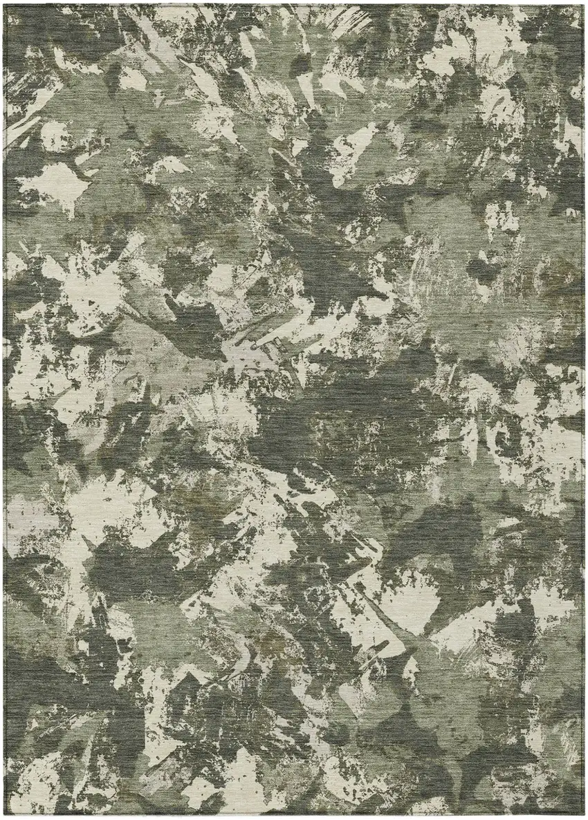Olive Green And Ivory Floral Washable Indoor Outdoor Area Rug Photo 2