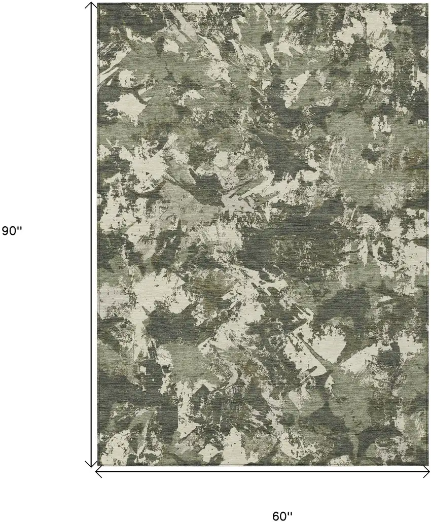 Olive Green And Ivory Floral Washable Indoor Outdoor Area Rug Photo 3