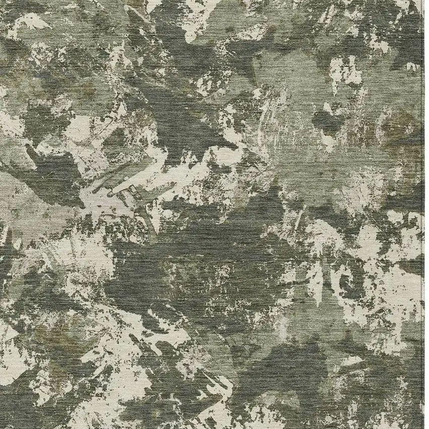 Olive Green And Ivory Floral Washable Indoor Outdoor Area Rug Photo 6