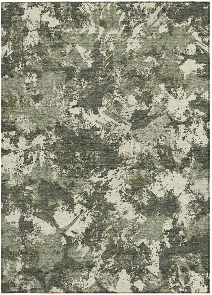 Olive Green And Ivory Floral Washable Indoor Outdoor Area Rug Photo 7