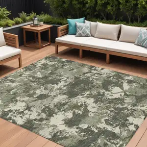 Photo of Olive Green And Ivory Floral Washable Indoor Outdoor Area Rug