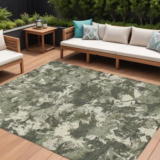 Olive Green And Ivory Floral Washable Indoor Outdoor Area Rug Photo 1