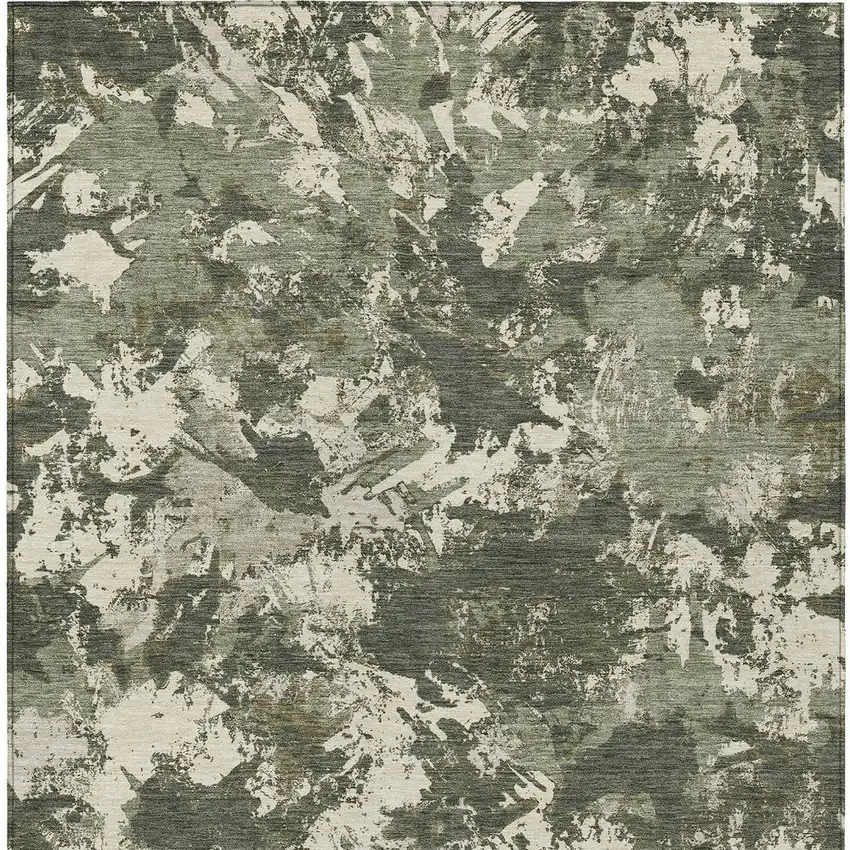 Olive Green And Ivory Floral Washable Indoor Outdoor Area Rug Photo 7