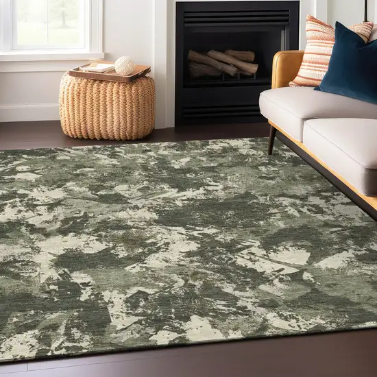 Olive Green And Ivory Floral Washable Indoor Outdoor Area Rug Photo 9