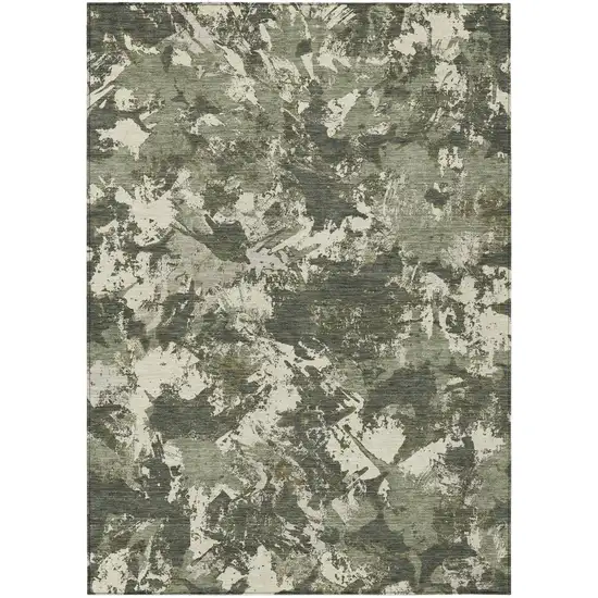 Olive Green And Ivory Floral Washable Indoor Outdoor Area Rug Photo 2
