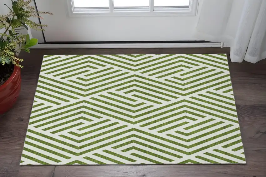 Olive Green And Ivory Geometric Washable Area Rug With UV Protection Photo 2
