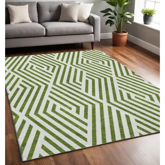 Olive Green And Ivory Geometric Washable Area Rug With UV Protection Photo 2