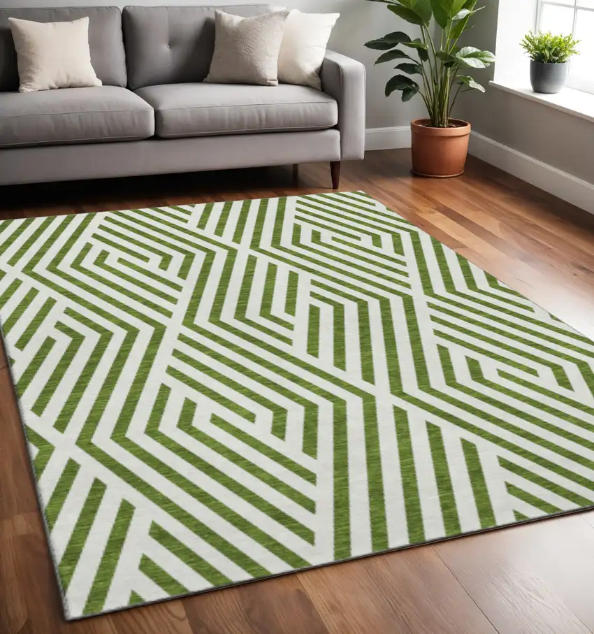 Olive Green And Ivory Geometric Washable Area Rug With UV Protection Photo 2