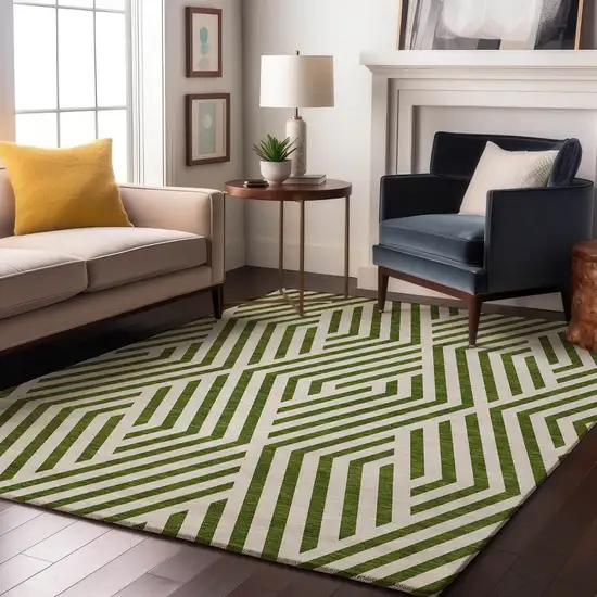 Olive Green And Ivory Geometric Washable Area Rug With UV Protection Photo 5