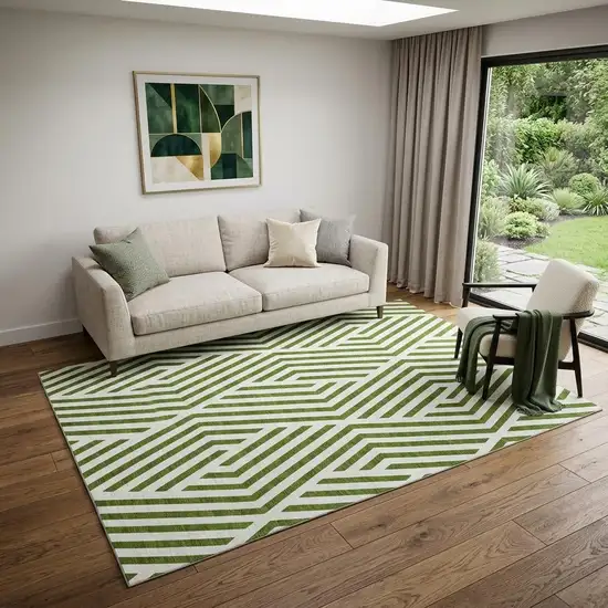 Olive Green And Ivory Geometric Washable Area Rug With UV Protection Photo 1