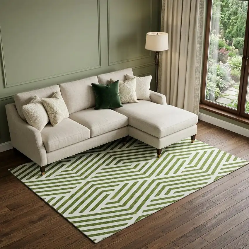 Olive Green And Ivory Geometric Washable Area Rug With UV Protection Photo 1