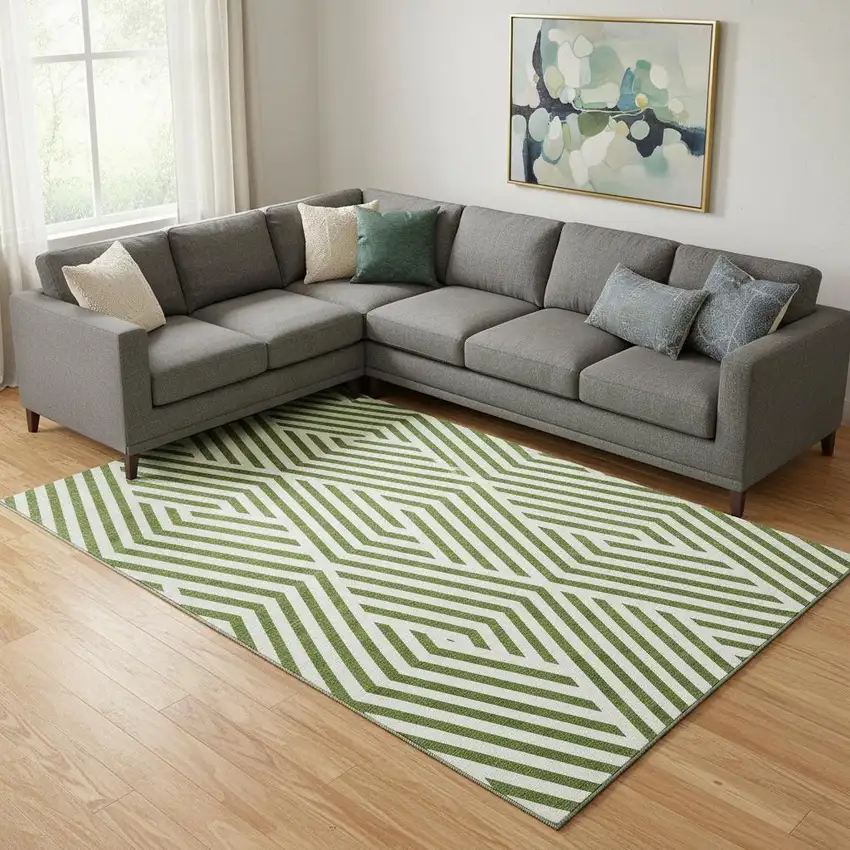 Olive Green And Ivory Geometric Washable Area Rug With UV Protection Photo 1