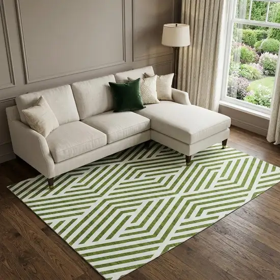 Olive Green And Ivory Geometric Washable Area Rug With UV Protection Photo 1