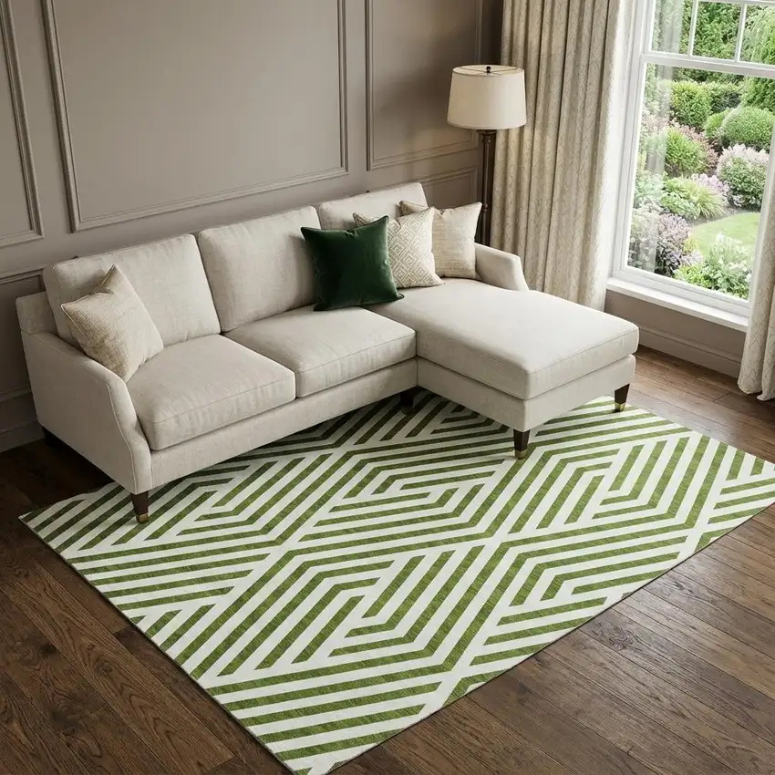 Olive Green And Ivory Geometric Washable Area Rug With UV Protection Photo 1