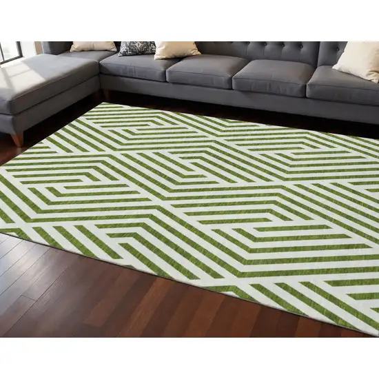 Olive Green And Ivory Geometric Washable Area Rug With UV Protection Photo 2