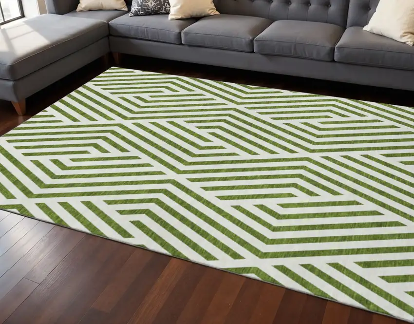 Olive Green And Ivory Geometric Washable Area Rug With UV Protection Photo 2