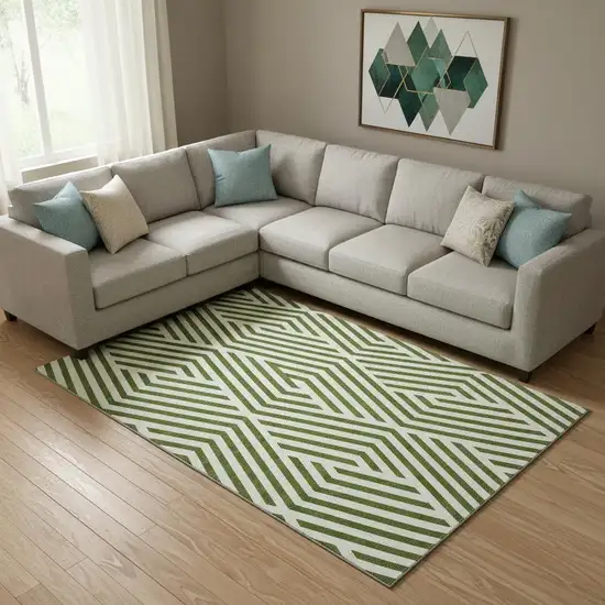 Olive Green And Ivory Geometric Washable Area Rug With UV Protection Photo 1