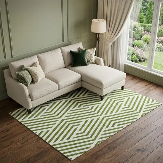 Olive Green And Ivory Geometric Washable Area Rug With UV Protection Photo 1