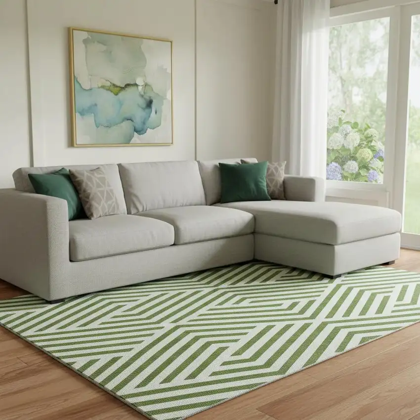 Olive Green And Ivory Geometric Washable Area Rug With UV Protection Photo 2