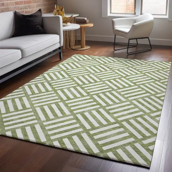 Olive Green And Ivory Geometric Washable Area Rug With UV Protection Photo 3