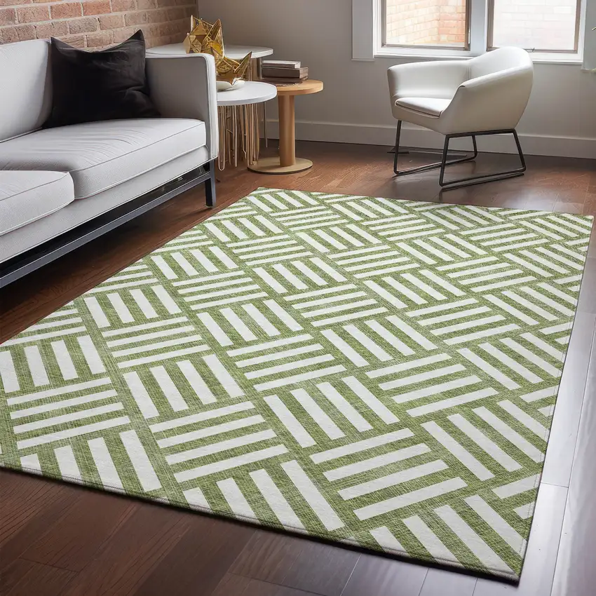 Olive Green And Ivory Geometric Washable Area Rug With UV Protection Photo 3