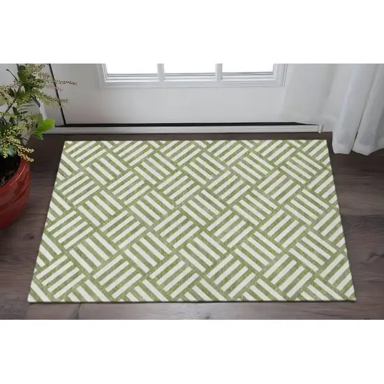 Olive Green And Ivory Geometric Washable Area Rug With UV Protection Photo 2