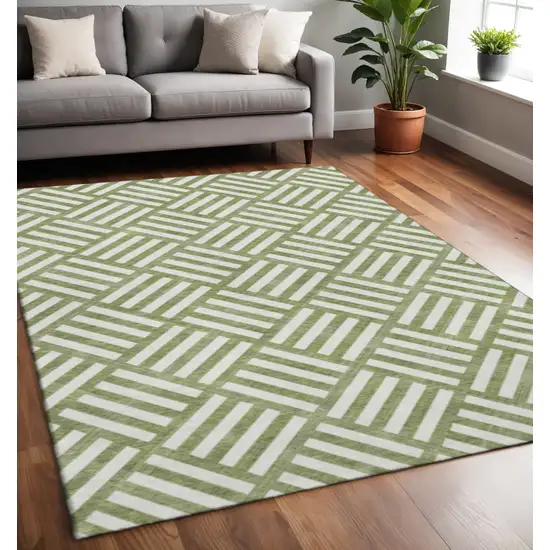 Olive Green And Ivory Geometric Washable Area Rug With UV Protection Photo 2