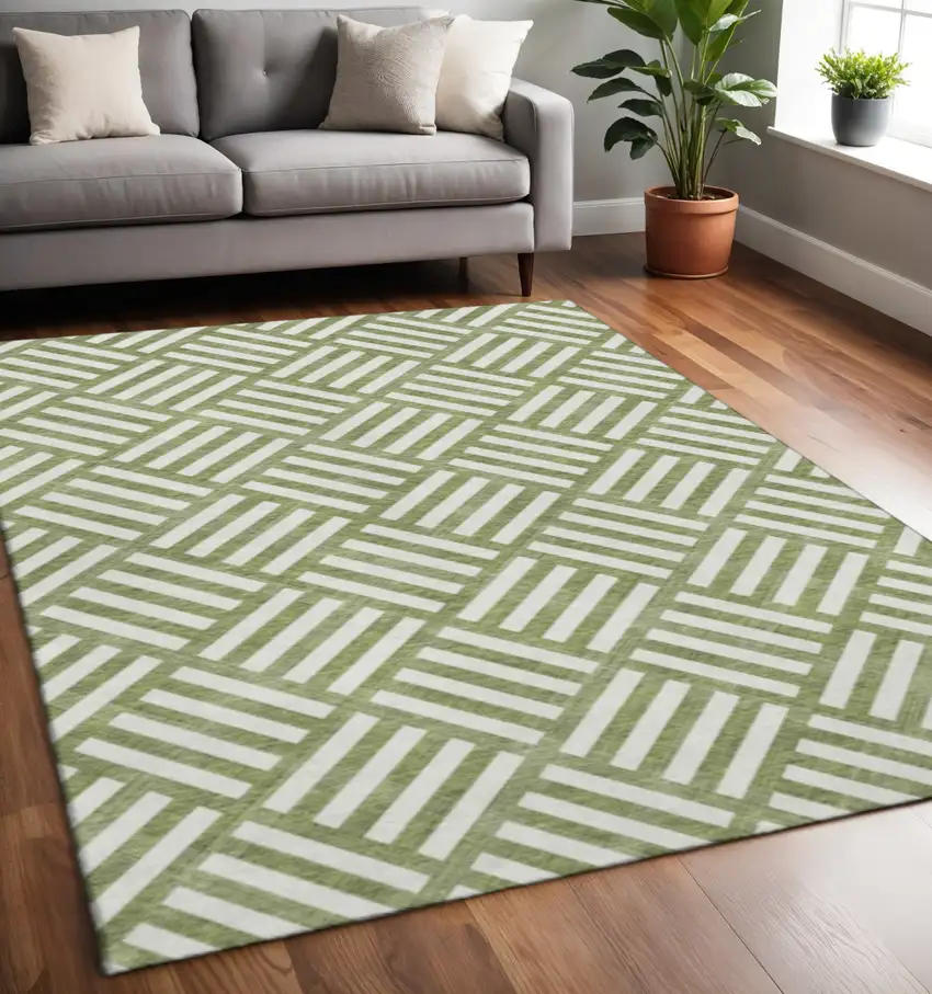 Olive Green And Ivory Geometric Washable Area Rug With UV Protection Photo 2