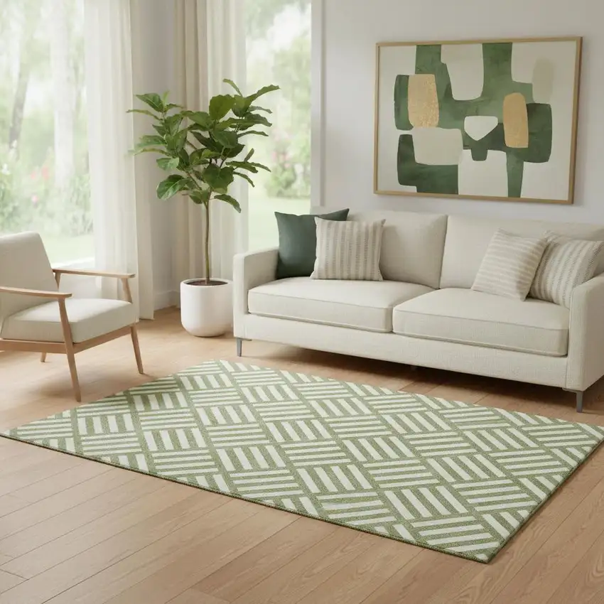 Olive Green And Ivory Geometric Washable Area Rug With UV Protection Photo 1