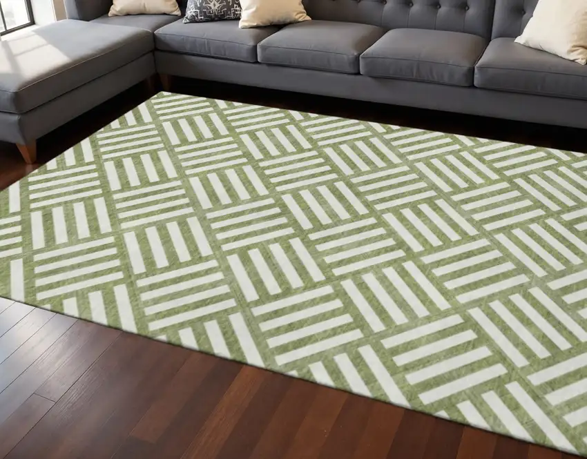 Olive Green And Ivory Geometric Washable Area Rug With UV Protection Photo 2