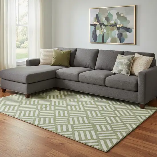 Olive Green And Ivory Geometric Washable Area Rug With UV Protection Photo 1