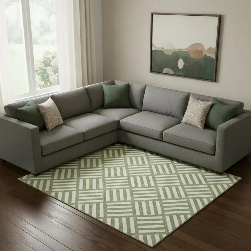 Olive Green And Ivory Geometric Washable Area Rug With UV Protection Photo 1