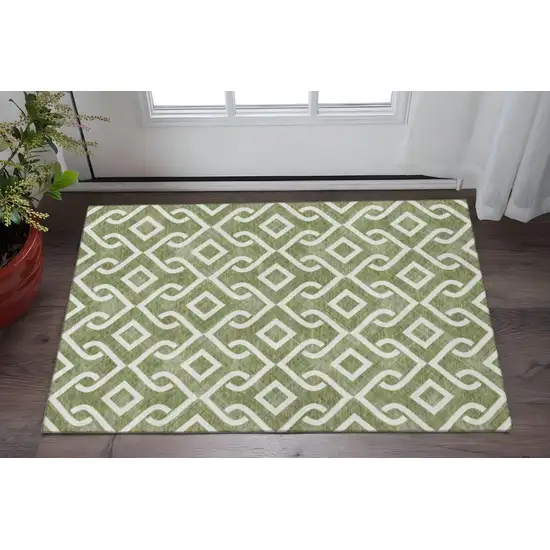 Olive Green And Ivory Geometric Washable Area Rug With UV Protection Photo 2